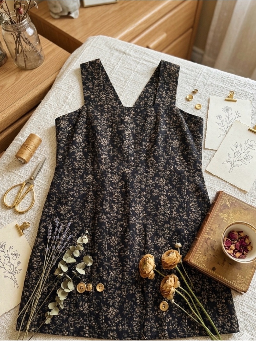 GAP Black Mini Dress with Cream Floral Print